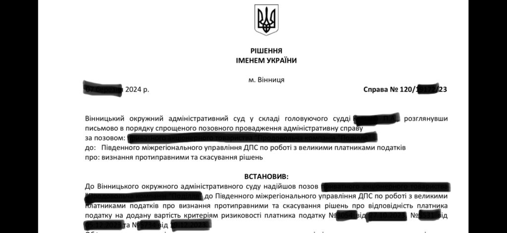 Рішення Вінницького окружного адміністративного суду – скасування рішень ДПС про відповідність платника ПДВ критеріям ризиковості