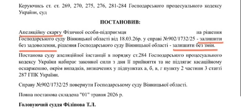 Постанова апеляційного господарського суду у справі №902/1732/25, якою залишено без змін рішення про стягнення збитків за нереєстрацію податкової накладної.
