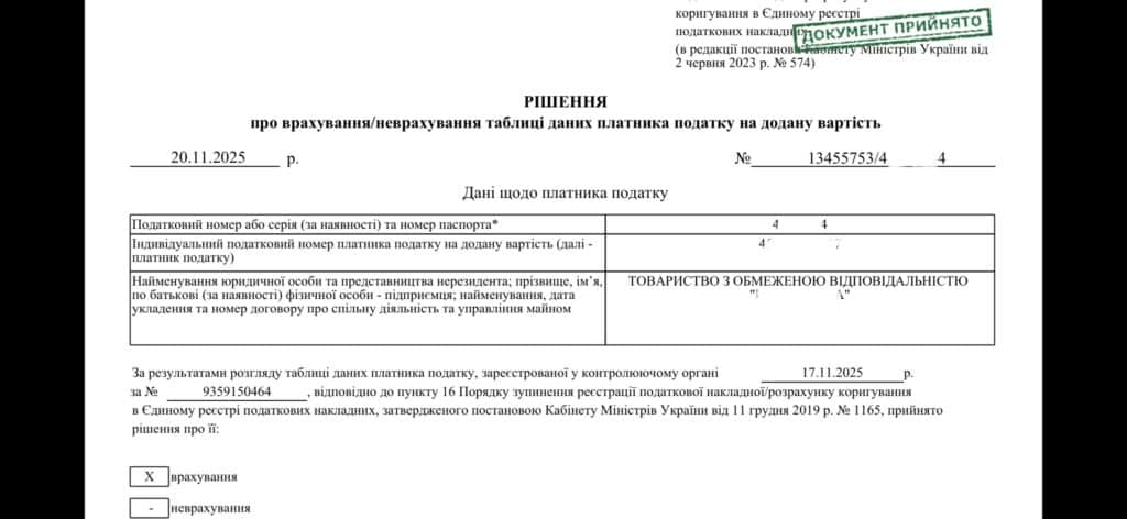 Рішення про врахування таблиці даних платника ПДВ Рішення ДПС про врахування таблиці даних платника ПДВ